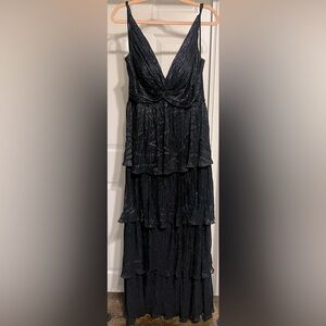 Betsy & Adam Blue Metallic Crinkled Tiered Evening Gown - Size 12